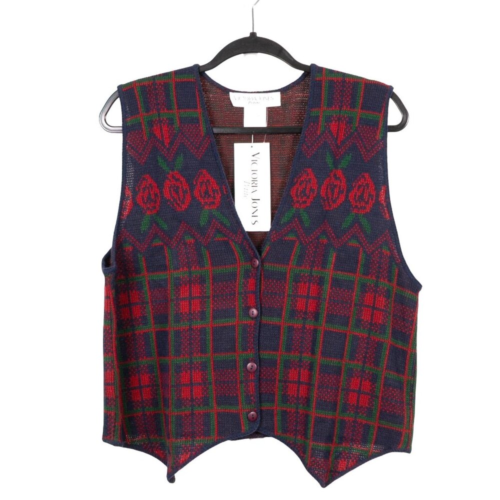 Victoria Jones Petite Plaid Rose Knit Vest L Blue Red Sweater Academia Preppy